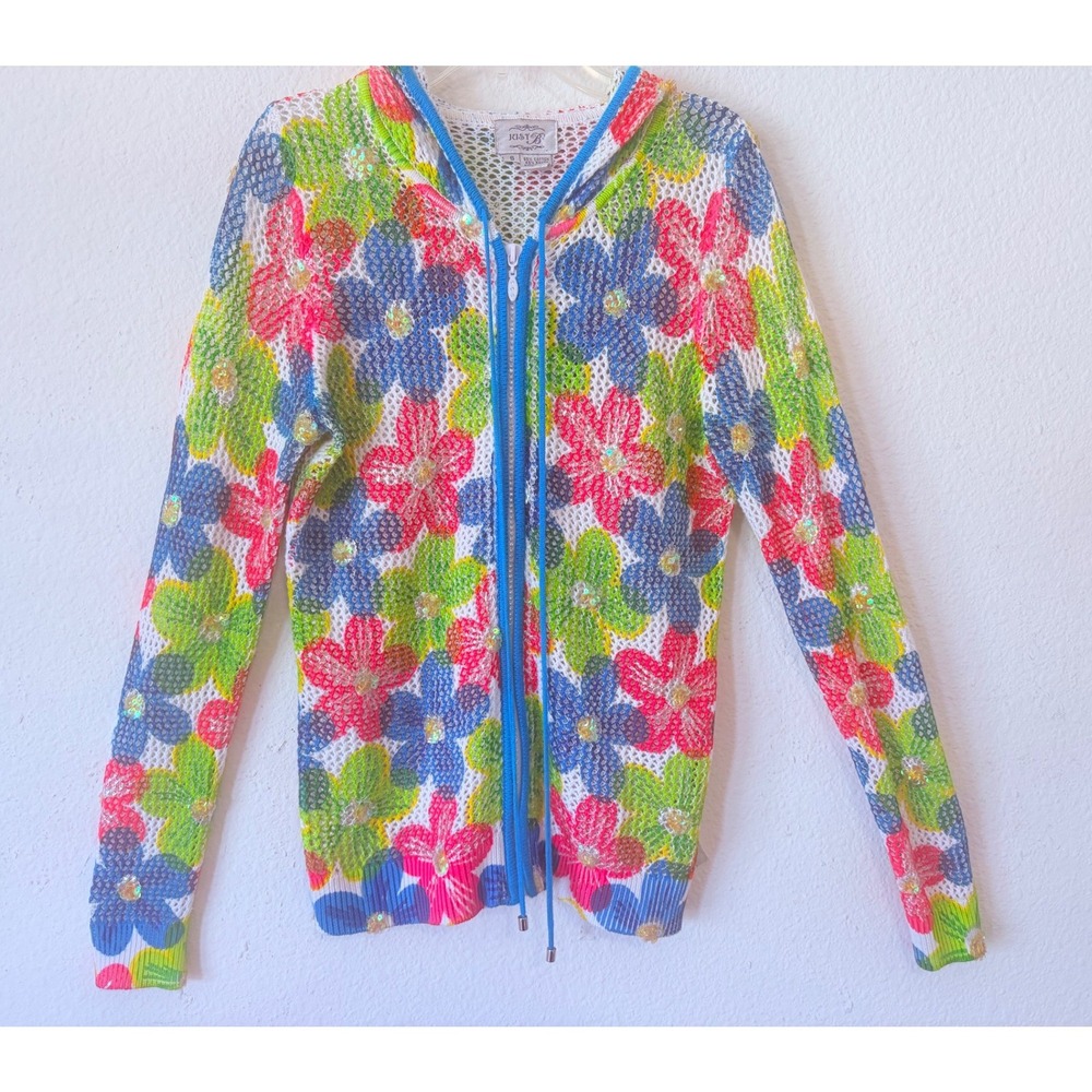 Floral Sequin Mesh Y2K Boho Hoodie Festival Summer Cardigan Just B Zip Up Small